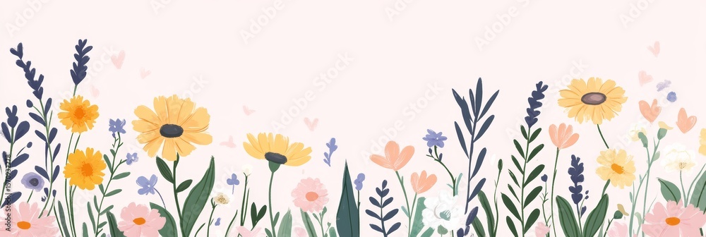 Fototapeta premium Gentle Meadow Watercolour Illustration Featuring Pale Lavender Wildflowers and Pastel Backdrop