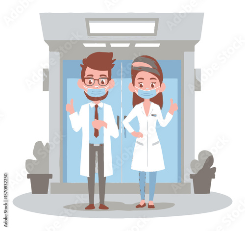 Cartoon Style Characters in Medical Attire at a Clinic Entrance
