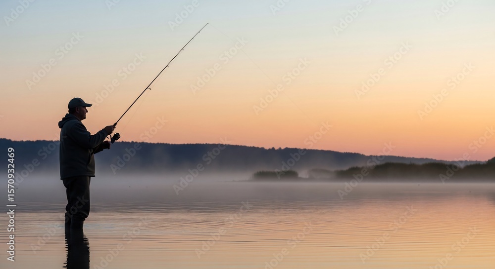 Man Fishing in a Calm Lake at Sunrise with Mist and Scenic Landscape Man Fishing in a Calm Lake at Sunrise with Mist and Scenic Landscape