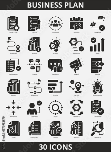 A collection of 30 business plan related icons in glyph style. Business plan icon pack with glyph style. Contains project plan, task list, team sync, deadline, workflow, roadmap and more