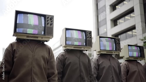 Surreal Group of Figures with Television Set Heads Against Urban Building Facade