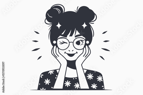 Monochrome girl with flower shirt and glasses winks while holding her face