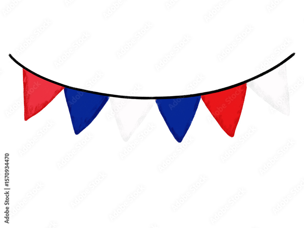 Obraz premium Set collection of Cute hand drawn happy 14th 14 july France bastille independence day bunting flag garland blue navy red crayon watercolor brush grunge theme doodle kids illustration design clipart