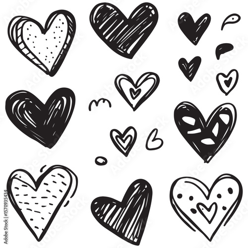 Collection of hand drawn heart shapes with doodle style and textured fillings silhouette