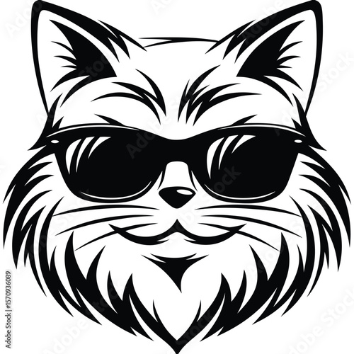 Black and white cat with sunglasses looks directly forward with a serious expression