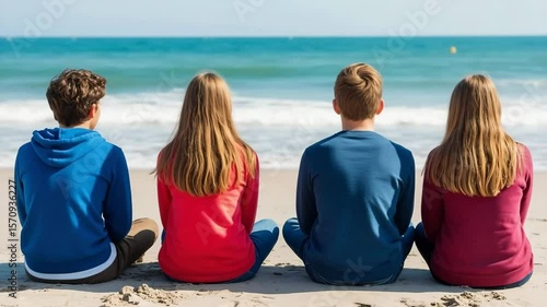 Group of Friends Sitting by the Sea, Back to Camera, Representing Friendship and Togetherness