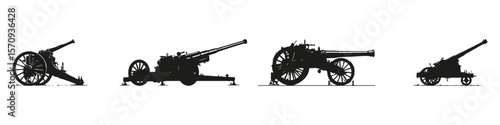 Artillery Cannon Silhouettes In Icon Set. Military Equipment And Historical Warfare Symbol Collection. Defense And Educational Use. Isolated Vector Illustration
