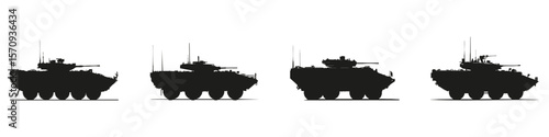Military Vehicle Silhouettes In Icon Set. Armored Combat And Defense Equipment Symbol Collection. Military And Tactical Use. Isolated Vector Illustration