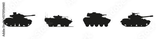 Military Vehicle Silhouettes In Icon Set. Armored Warfare And Defense Equipment Symbol Collection. Military And Strategic Use. Isolated Vector Illustration