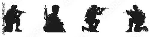 Military Personnel In Silhouette Set. Tactical Operations And Combat Readiness Symbol Collection. Defense And Security Use. Isolated Vector Illustration