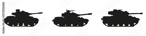 Military Tank Silhouettes In Solid Icon Set. Armored Vehicle And Defense Equipment Symbol Collection. Military And Educational Use. Isolated Vector Illustration