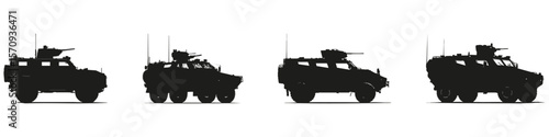 Military Vehicle Silhouettes In Icon Set. Armored Transport And Defense Equipment Collection. Security And Tactical Use. Isolated Vector Illustration