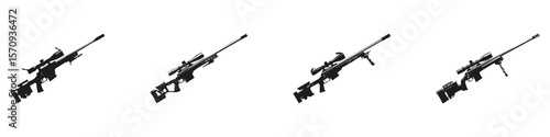 Sniper Rifle Silhouettes In Icon Set. Tactical Equipment And Firearm Design Collection. Military And Security Use. Isolated Vector Illustration