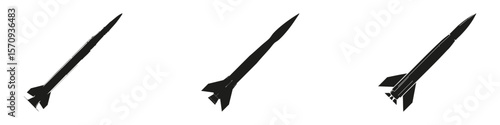 Rocket Silhouettes In Icon Set. Aerospace And Space Exploration Symbol Collection. Engineering And Educational Use. Isolated Vector Illustration
