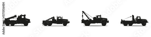 Tow Truck Silhouettes In Solid Icon Set. Vehicle Recovery And Roadside Assistance Symbol Collection. Automotive And Transport Use. Isolated Vector Illustration