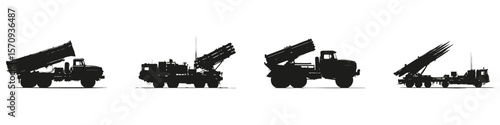 Military Vehicle Silhouettes In Icon Set. Artillery And Defense Equipment Symbol Collection. Security And Defense Industry Use. Isolated Vector Illustration