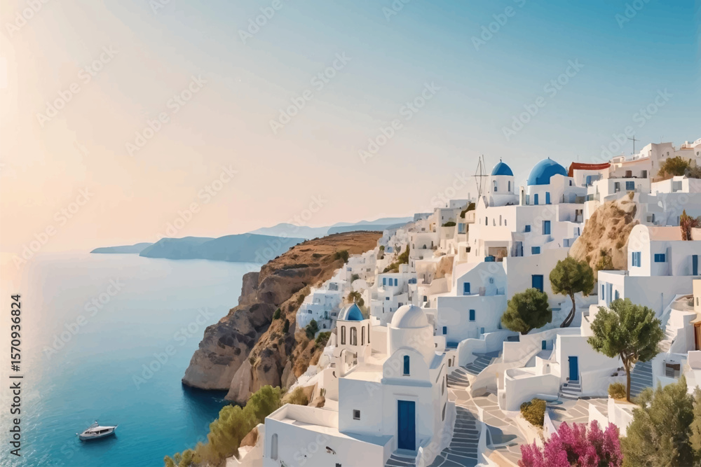 Naklejka premium Greece vacation holiday, sunny seaside town background wallpaper backdrop. Travel destination, resort, beautiful nature view, panorama