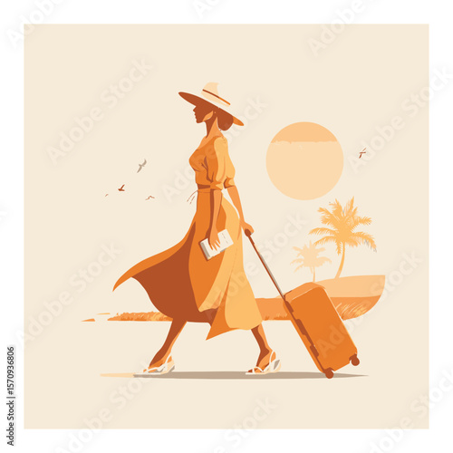 Elegant Woman with Luggage in Tropical Landscape, Cartoon Style Illustration