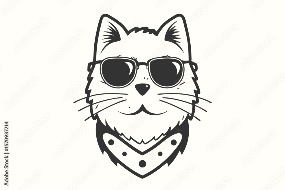 Fototapeta premium Cartoon cat with sunglasses and bandana presents stylish pet apparel look