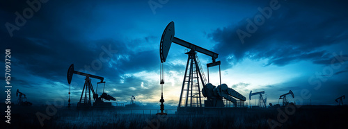 Crude oil. Global crisis. Drilling derricks, Fossil fuels, Gasoline concept. International War, oil prices worldwide. Pump rig, Pumpjack. Oil and gas production, Oilfield site with a beautiful sky.