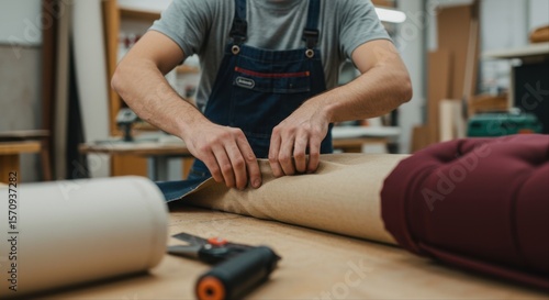 male upholsterer. Craftsman working on upholstery project in workshop with tools  