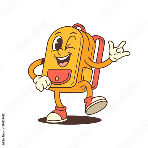 Lively cartoon backpack character walking confidently with a peace sign and winking smile. Perfect for school campaigns, educational content, or branding. Eye-catching and fun vector illustration