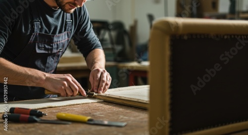 male upholsterer. Carpenter working on upholstered furniture in workshop with tools  