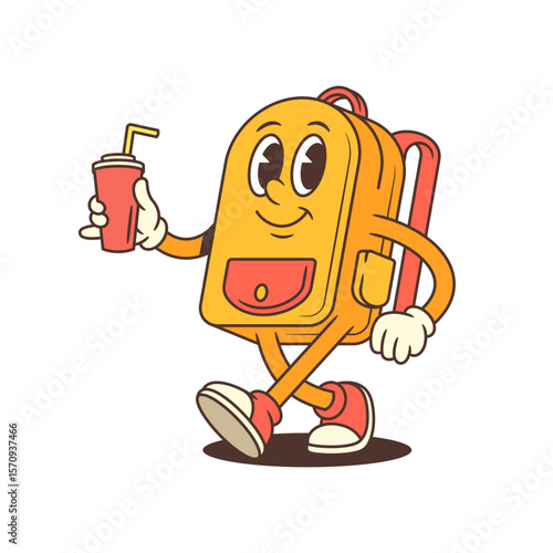 Playful cartoon backpack mascot enjoying a drink while walking. Ideal for summer promotions, leisure branding or casual content. Vector illustration