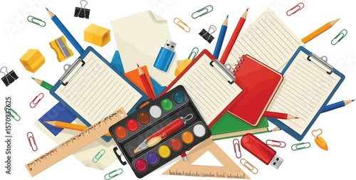 Back to school supplies stationery items vector illustration clipboards pencils and paint for students