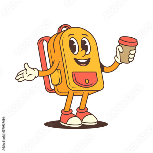 Backpack mascot holding a cup of coffee in one hand and presenting with the other, smiling in an approachable pose. Ideal for casual communication, blogs, or media content. Vector illustration
