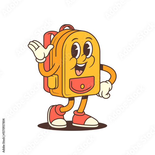 Friendly backpack mascot gives a high five with a big smile, sharing teamwork energy and positive encouragement. Ideal for group projects, motivation, or fun branding. vector illustration