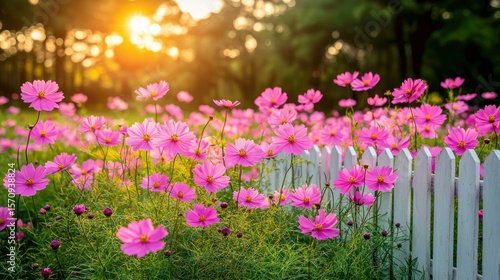 Pink cosmos bloom near a white picket fence, sun shines