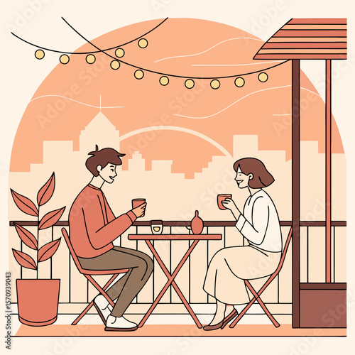 A couple enjoying coffee on a balcony with city skyline and string lights creating a cozy atmosphere together
