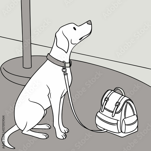 A white dog sits patiently on a leash next to a backpack near a pole in a grayscale illustration