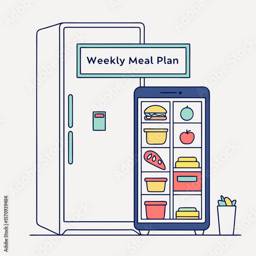 Illustration of a refrigerator with a weekly meal plan sign and a phone displaying food icons inside it