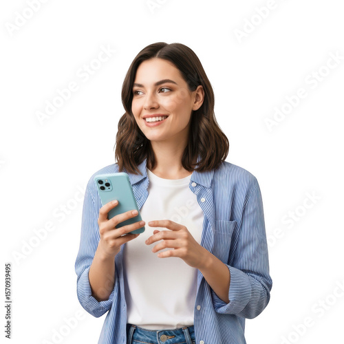 Smiling woman holding smartphone isolated on transparent background