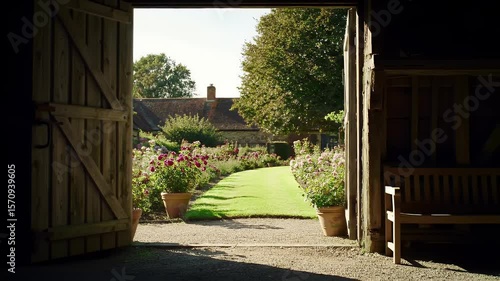 Lush Green Garden View Through Open Wooden Barn Doors With Vibrant Red Flowers, Potted Plants And A Traditional House