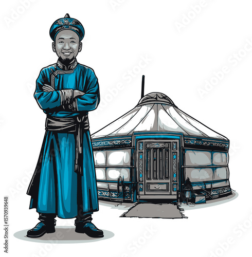 Smiling Man in Traditional Outfit Next to Colorful Yurt Illustration