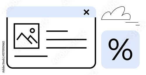 Minimalist browser window with image placeholder, text lines, and percentage icon. Ideal for marketing, sales, analytics, advertising, finance, data visualization simple landing page