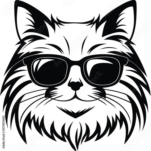 Detailed black and white drawing presents a cool cat with classic sunglasses on a white backdrop