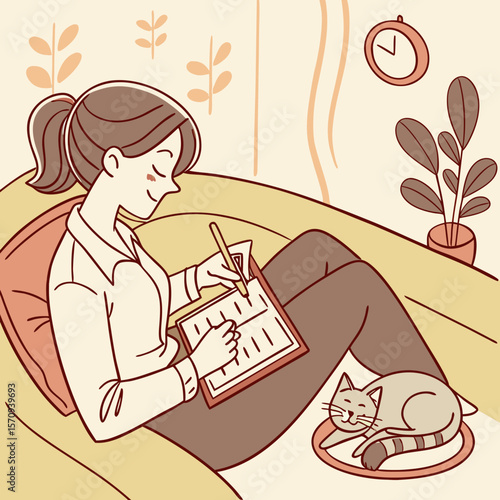 A woman writing on a clipboard while sitting on a couch with a sleeping cat and a plant nearby
