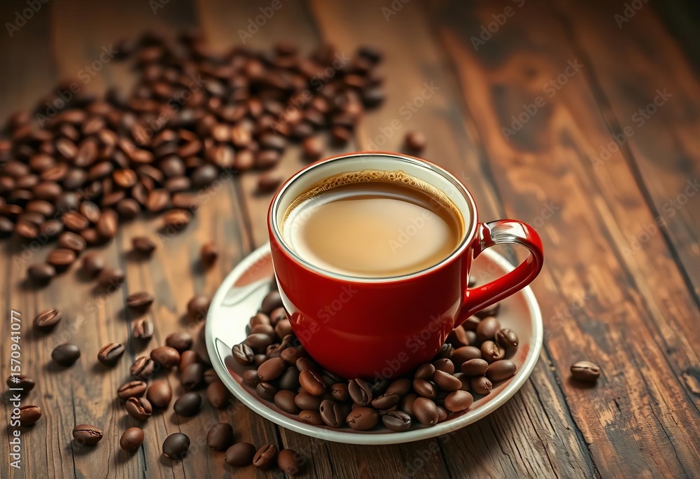 Fototapeta premium Warm, inviting cup of coffee, scattered beans on rustic wood, hygge, still life