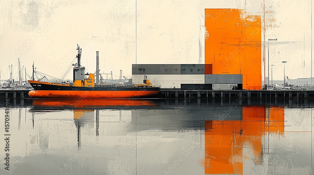 Fototapeta premium Abstract harbor scene with orange industrial building and docked ship