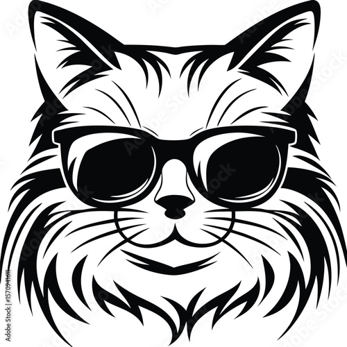 Cool black cat wears sunglasses; a stylish feline, perfectly outlined against white