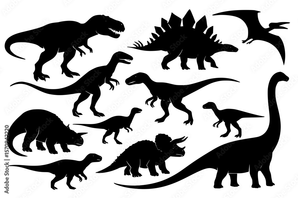 Naklejka premium Various dinosaur silhouettes including T-rex and pterodactyl 