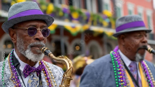 Jazz musicians wearing Mardi Gras beads and hats play their saxophones in celebration. This is a vibrant expression of New Orleans culture and musical festival traditions.