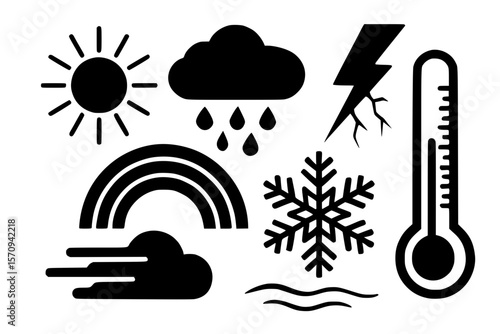 Weather icons depicting sun, cloud, rain, snow, lightning, and thermometer  