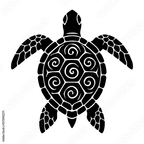 Black and white silhouette of turtle with spiral pattern  
