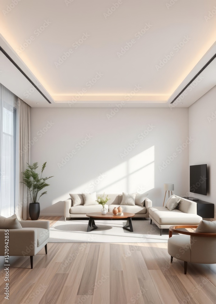 Fototapeta premium Empty modern living room with neutral colors and minimal furniture home interior background empty room living modern Empty room interior design architecture blank design room