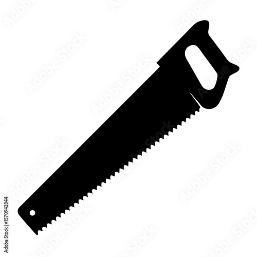 A detailed black silhouette image of a hand saw against white background
